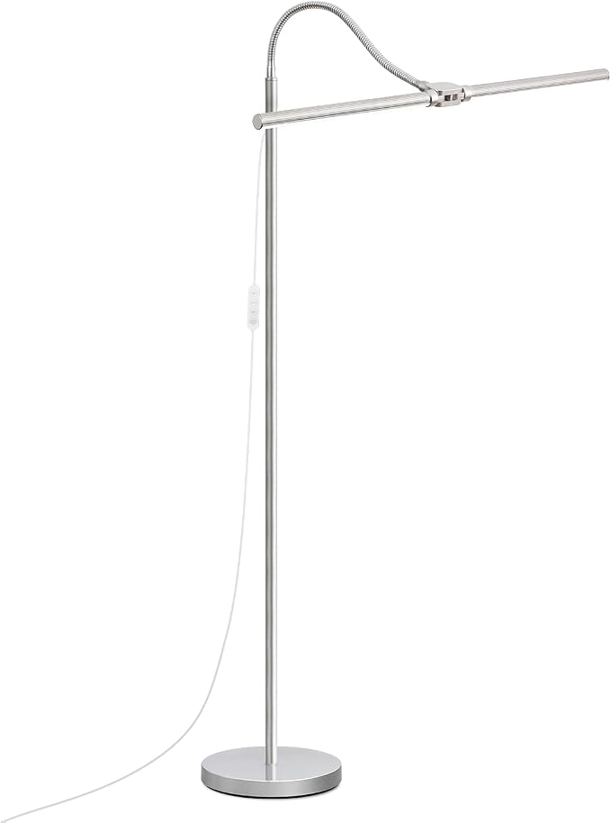 Bright Floor Lamp, 18W/2000LM Silver LED Floor Lamp with Double Head | Adjustable Gooseneck, Dimmable Craft Light for Sewing Tatoo Puzzle,Eye Caring Reading Lamps for Living Room Bedroom Office