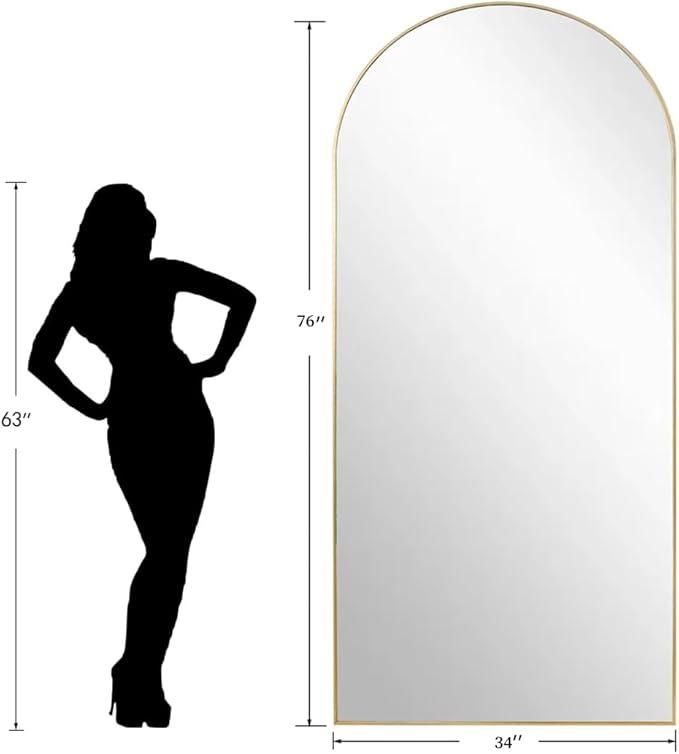Dewfig Arched Full Length Mirror, 76"x34" Large Floor Mirror, Gold | Aluminum Alloy Frame Full Body Mirror, HD Shatterproof Tempered Glass, Lean/Stand/Wall for Living Room,Bedroom, Dressing Room