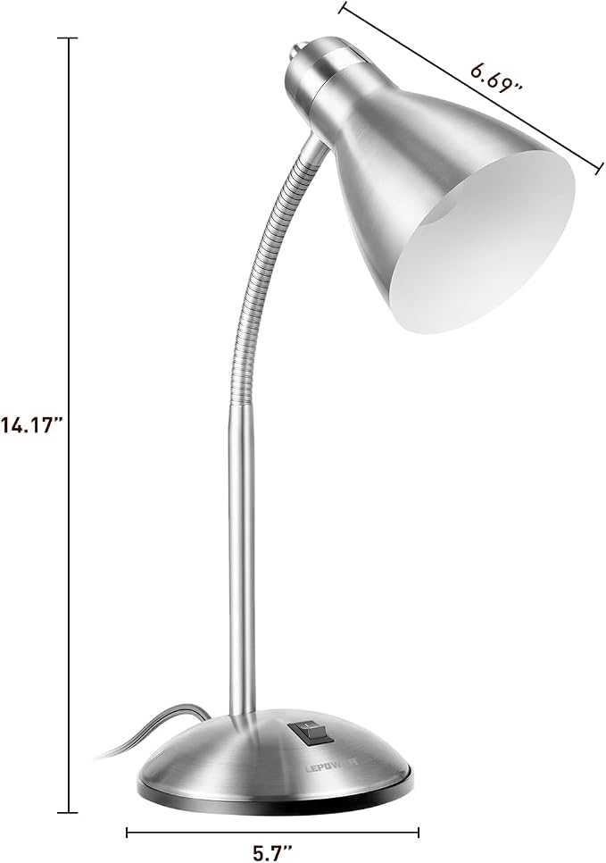 LEPOWER Metal Desk Lamp, Adjustable GooseNeck Reading Light for Bedroom | Compact & Sturdy, Space-Saving for Bedside & Dorm, E26 Table Lamp, Eye-Caring, Ideal for Study, Office, Back to School