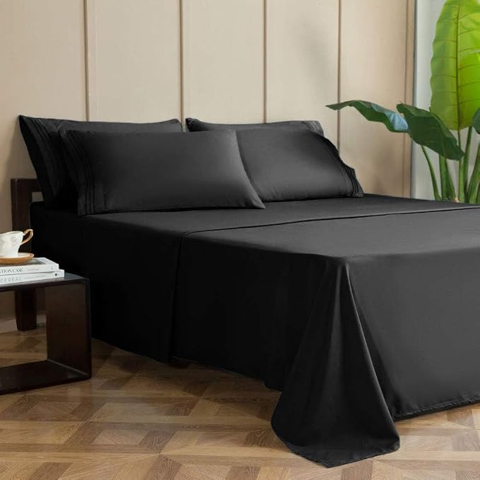 SONORO KATE Bed Sheet Set Super Soft Microfiber Luxury Egyptian Sheets 16-Inch Deep Pocket,Wrinkle-4 Piece(Black, Full)