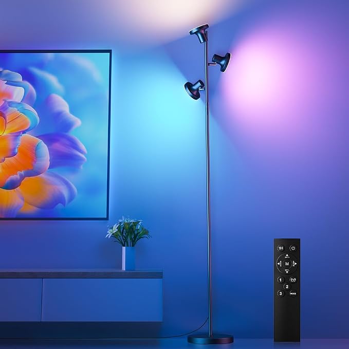 SIBRILLE RGB Floor Lamp, 36W Bright LED Standing Lamp with 3 Swivel Lights, Color Changing Tree Tall Lamp with Remote, Stepless Dimmable Modern Floor Lamps for Living Room, Bedroom, Gaming Room,Office