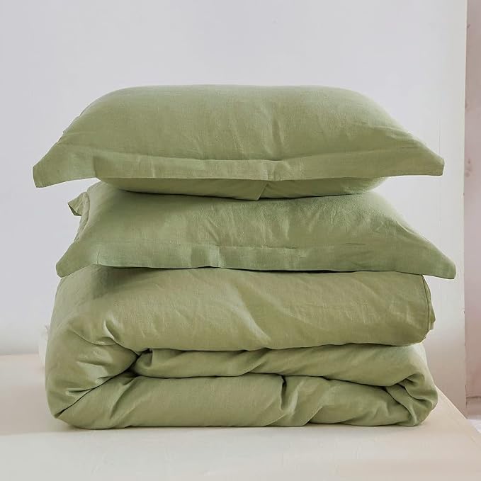 Simple&Opulence 100% Linen Duvet Cover Set 3pcs Basic Style Natural French Washed Flax Solid Color Soft Breathable Farmhouse Bedding with Button Closure - Sage Green, King