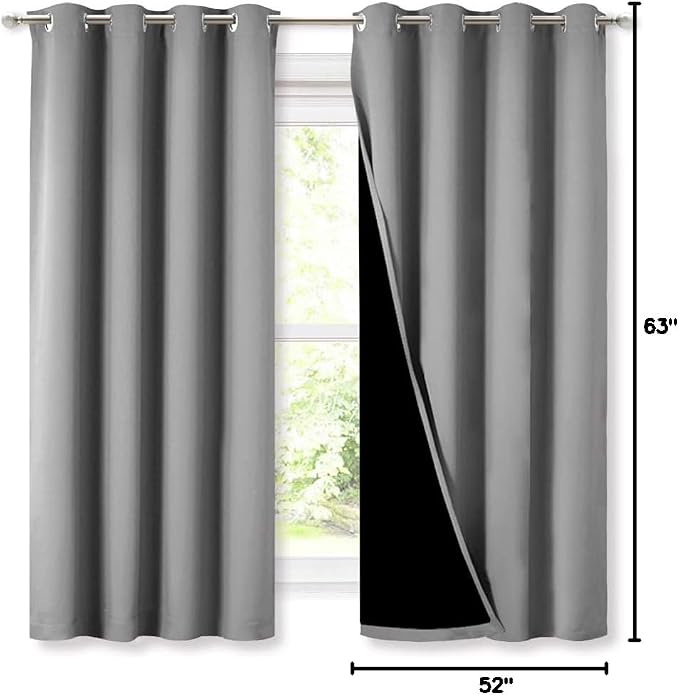 NICETOWN Silver Grey Blackout Curtains for Bedroom 52" w x 63" L 2 Panels | 100% Room Darkening with Black Liners Thermal Insulated 2-Layer Lined Drapes, Energy Efficiency Window Draperies Home Decor