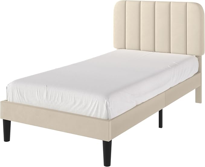 VECELO Twin Size Bed Frame with Upholstered Headboard, Velvet Platform Bedframe Mattress Foundation, Strong Wood Slat Support, No Box Spring Needed,Bone Beige