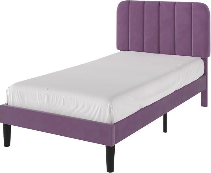 VECELO Twin Size Bed Frame with Upholstered Headboard, Velvet Platform Bedframe Mattress Foundation, Strong Wood Slat Support, No Box Spring Needed,Purple