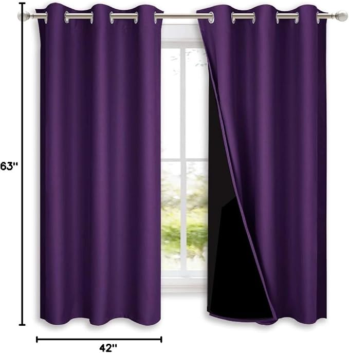 NICETOWN Room Warming 100% Blackout Curtain Panels, Black Liner Curtains for Kitchen Room, Noise Reducing and Cold Blocking Drapes for Windows (Set of 2, Royal Purple, 42-inch Wide by 63-inch Long)