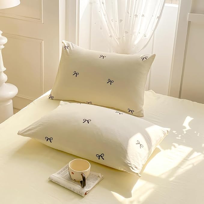 Nayoroom Bow Duvet Cover Queen Size Reversible Aesthetic Duvet Cover 3 Pieces Soft Lightweight Microfiber Kids Girls Cute Dorm Bedding Set, White/Yellow