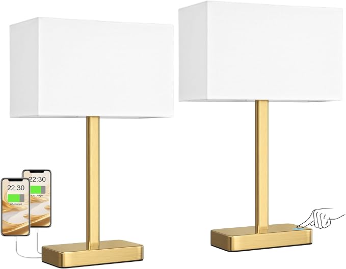 Hong-in Touch Lamps for Bedroom, Bedside Table Lamps Set 2, D. White&Gold | Modern Table Lamp for Nightstands, Desk Lamp for Bedroom, with USB C+A, End Tables Bed Side, Bulb Included, 3 Way Dimmable