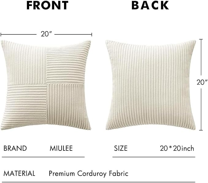 MIULEE Cream White Decorative Throw Pillow Covers for Couch 20x20 Inch | 2 Pack, Beige Neutral Boho Farmhouse Pillow Covers, Soft Cross Corduroy Patchwork Textured Cushion Cases For Bed Sofa