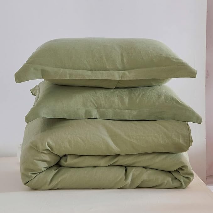 Simple&Opulence 100% Linen Duvet Cover Set 3pcs Basic Style Natural French Washed Flax Solid Color Soft Breathable Farmhouse Bedding with Button Closure - Sage Green, Full