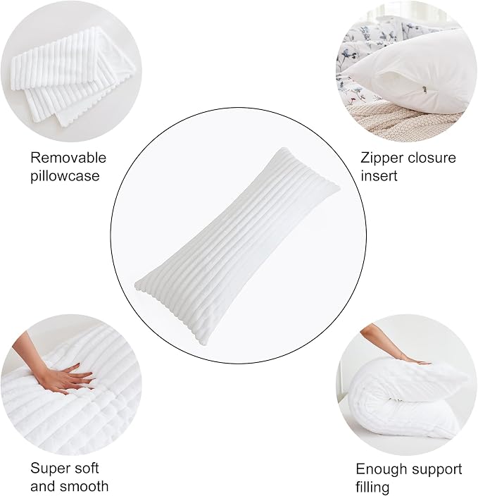 Full Body Pillow with Fluffy Stripe Faux Fur Removable Cover, Long Bed Pillow Adult 20x54 Inches for Side Sleeper and Pregnancy, White.
