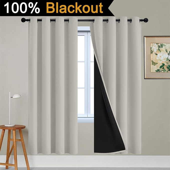 Yakamok Cream Beige 100% Blackout Curtains 72 Inches Long 52" Wide 2 Panels | Blackout Curtain Panels for Bedroom, 2 Thick Layers Grommet Top Thermal Insulated Drapes with Black Liner for Living Room