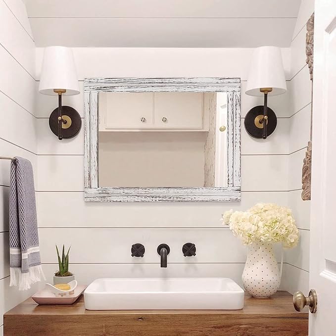 AAZZKANG Rustic Wall Mirror Rectangle Wood Framed Large 20"x16" | Decorative Hanging Mirrors for Bedroom Bathroom Living Room Home Entryway White