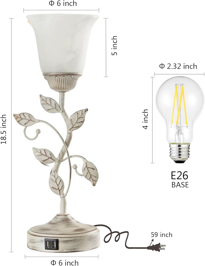 Rustic Touch Table Lamp for Bedroom with 2 USB C+A Ports | 3-Way Dimmable Nightstand Lamp, Retro Vintage White Glass Shade Leaf Desk Lamp for Living Room Entryway, LED Bulb Included