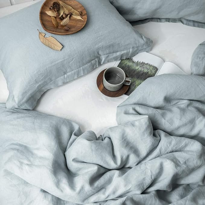 Simple&Opulence 100% Linen Duvet Cover Set 3pcs Basic Style Natural French Washed Flax Solid Color Soft Breathable Farmhouse Bedding with Button Closure - Dusty Blue, Queen