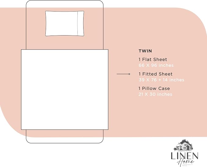 Linen Home 100% Cotton Percale Sheets Twin Size, Brushed Rose, Deep Pocket, 3 Pieces Set - 1 Flat, 1 Deep Pocket Fitted Sheet and 1 Pillowcase, Crisp Cool and Strong Bed Linen