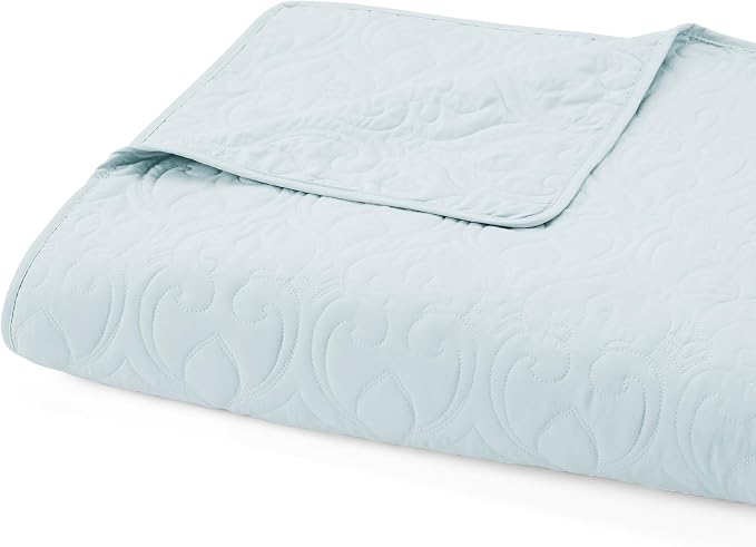 Merit Linens Classic Quilt Coverlet Soft Set in Damask Stitching - Full/Queen Pale Blue