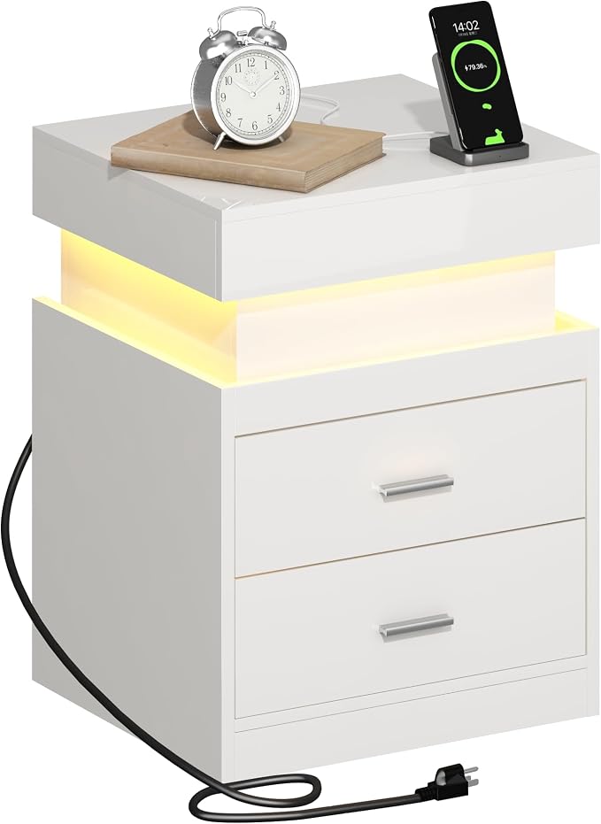 ChooChoo LED Nightstand with Charging Station and Sliding Storage | Sliding Top Storage, 2-Drawers, High Gloss Bedside Table, Modern End Table, Bedroom, White