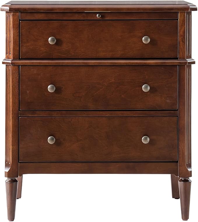 HULALA HOME 30 Inches Side Table with Charging Station, Walnut | Spindle Legs, Hidden Drawer, Pull-Out Tray, Built-In Outlet, Chamfered Edges, Adjustable Feet, Transitional Style