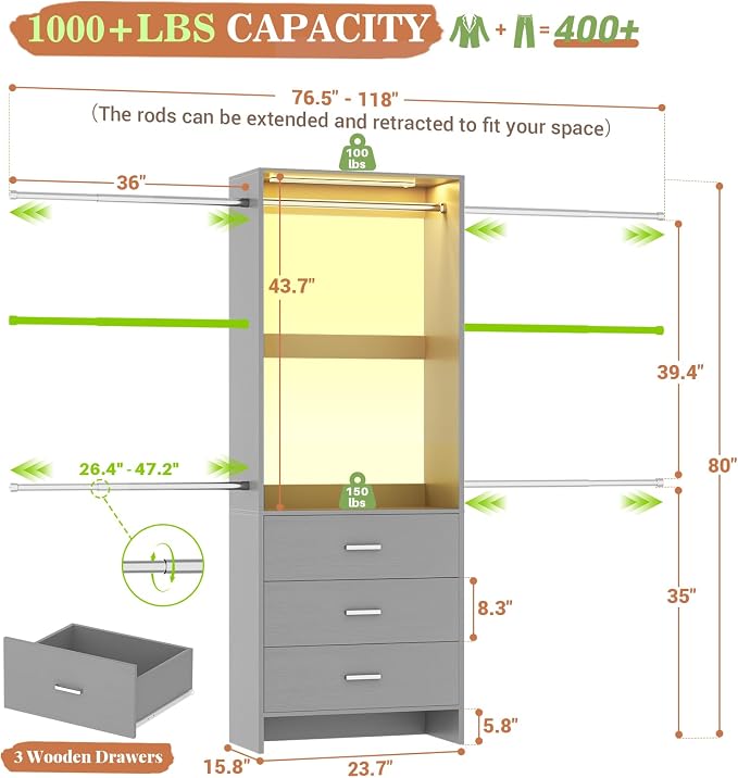 Aheaplus Closet System with Motion-Sensing Light, 3 Wooden Drawers and 4 Hanging Rods, Customizable Walk-in Closet Organizer with 3CCT LED, Heavy Duty Garment Rack for Bedroom,Grey
