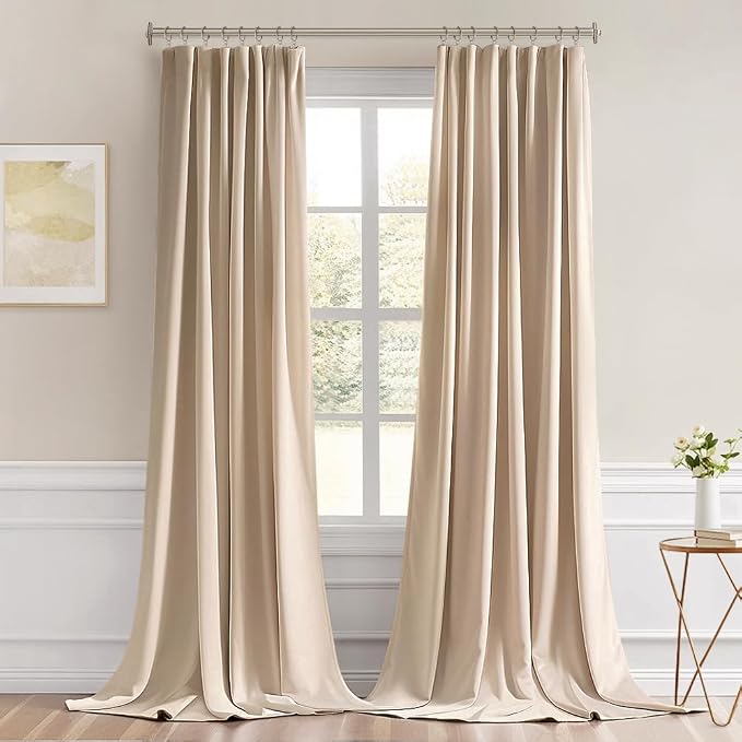 MIULEE Beige Back Tab Blackout Curtains 52x108 Inch Long 2 Panels Set | Rod Pocket Pinch Pleated, Thermal Insulated, Bedroom Living Room Darkening Privacy Drapes, Extra Long Light Blocking Curtains