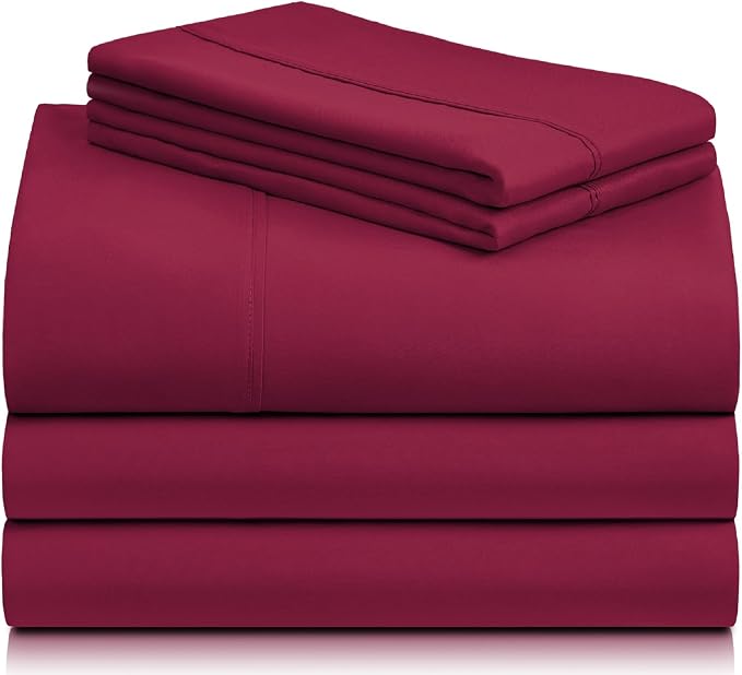 LuxClub 7 PC Split King Sheet Set Bed Sheets Deep Pockets 18" Eco Friendly Wrinkle Free Cooling Sheets Machine Washable Hotel Bedding Silky Soft - Burgundy Split King | LuxClub Silky Fitted Sheet & Pillowcase Sets, Breathable Hotel Luxury Bedding for M...