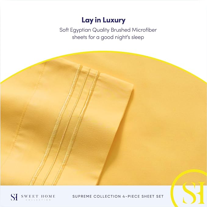 Queen Size Bed Sheets - Breathable Luxury Sheets with Full Elastic & Secure Corner Straps Built In - 1800 Supreme Collection Extra Soft Deep Pocket Bedding Set, Sheet Set, Queen,Yellow