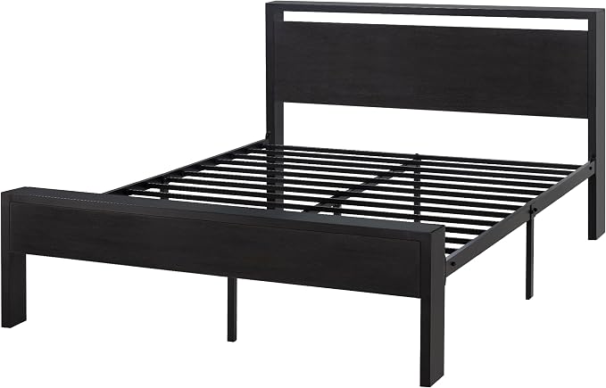SHA CERLIN 14 Inch Queen Size Metal Platform Bed Frame with Wooden Headboard and Footboard, Mattress Foundation, No Box Spring Needed, Large Under Bed Storage, Non-Slip Without Noise, Black Oak