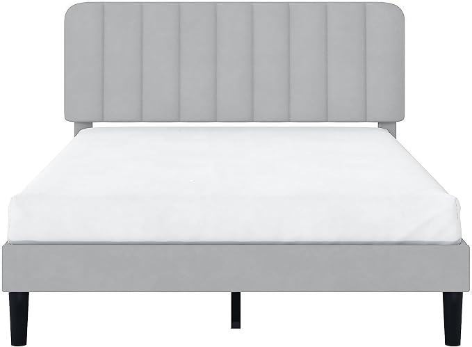 VECELO Queen Size Bed Frame with Upholstered Headboard, Velvet Platform Bedframe Mattress Foundation, Strong Wood Slat Support, No Box Spring Needed,Light Grey