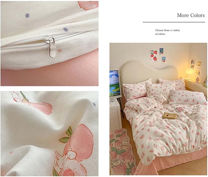 Nayoroom Pink Peach Duvet Cover Twin Size Kawaii Fruit Peaches Rabbit Printed on White Comforter Cover 2Pcs Kids Girls Soft Breathable Microfiber Cute Cartoon Bedding Set with Zipper Closure