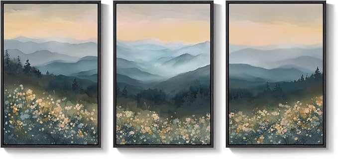 Large Framed Mountain Wildflower Landscape Wall Art for Living Room, 24x36 | Modern, Watercolor, Canvas artwork, Blue, Nature, Foggy scenery, Living room, Bedroom wall decor, Ready to hang, Wood frame