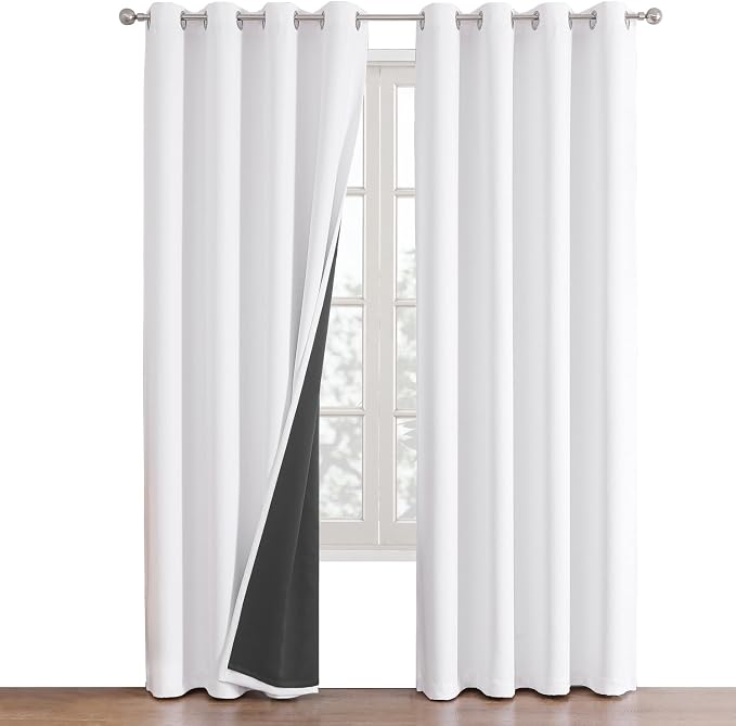 ChrisDowa White 100% Blackout Curtains for Bedroom 72 Inches Long 2 Panels | 2 Thick Layers, Thermal Insulated, Grommet, Window Treatment, Living Room Drapes with Black Liner, Pure White, 52 x 72 Inch