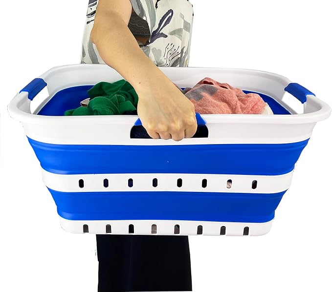 SAMMART 42L (11 gallon) Collapsible Plastic Laundry Basket - Foldable Pop Up Storage Container/Organizer - Space Saving Hamper/Basket (1, White/Dark Blue)