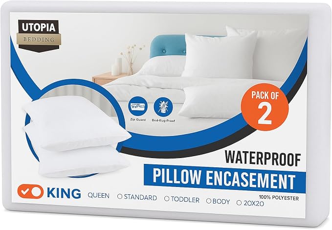 Set of 2 Pillow Protectors with Zipper King Size, Pillow Covers | Ultra Soft Pillow Encasements, Bed Bug & Dust Mite Proof, Moisture Wicking and Waterproof Pillow Cases by Utopia Bedding