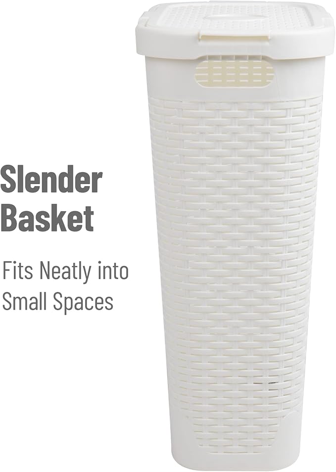 Mind Reader Slim Laundry Hamper with Lid, 40L Clothes Basket, Narrow Tapered Design with Ventilated Cutout Pattern, Plastic, White