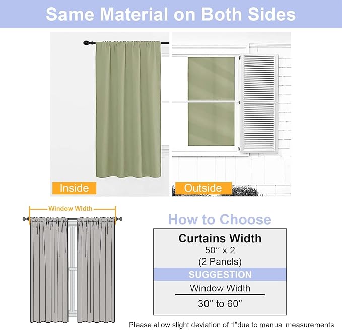 Simplebrand Ava Sage Green Blackout Curtains for Patio 108 Inches Long 2 Panels Set, Solid Thermal Insulated Room Darkening Rod Pocket Window Treatment Curtains Blackout Drapes, W50 x L108 Inch