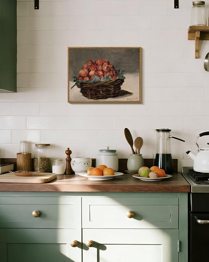 WHASAYART Raspberries Canvas Wall Art 12x16in, Vintage Fruit Still Life Framed Wall Decor, Rustic Farmhouse Kitchen Artwork Print, Fruit painting for Dining Room, Kitchen, Coffee Bar, Gift Ready