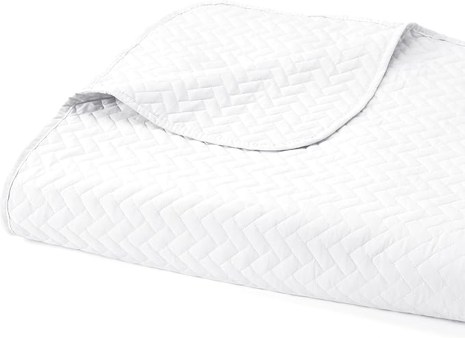 Merit Linens Classic Quilt Coverlet Soft Set in Herringbone Stitching - Full/Queen White