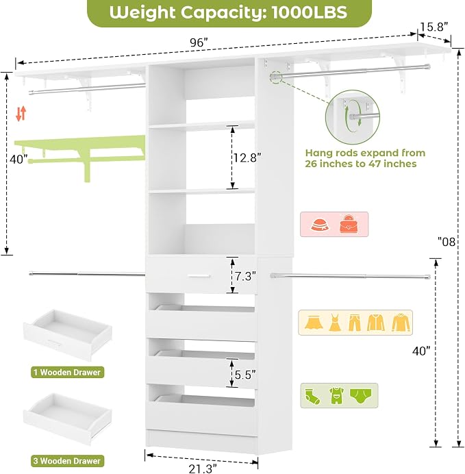 Aheaplus Closet System with 4 Drawers, 8FT Wood Closet Organizer System | 96" Closets Built In System Tower with Shelves, Walk-in Closets Wardrobe Clothes Garment Rack, Fits Spaces 4-9 ft, White