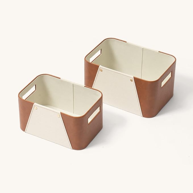 LA JOLIE MUSE Faux Leather Storage Baskets for Organizing, Beige 2 Pack | Fabric Storage Bins, Sturdy Decorative Organizer Baskets for Closet, Shelf, Office Cabinets, Toys, Books and Home Essential