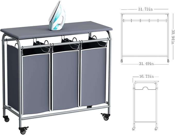 LINZINAR 3-Bag Laundry Hamper with Ironing Board, Grey 135L Laundry Sorter | Laundry Room Organization with Heavy Duty Rolling Lockable Wheels and Removable Bag, Bedroom Laundry Cart for Clothes Storage