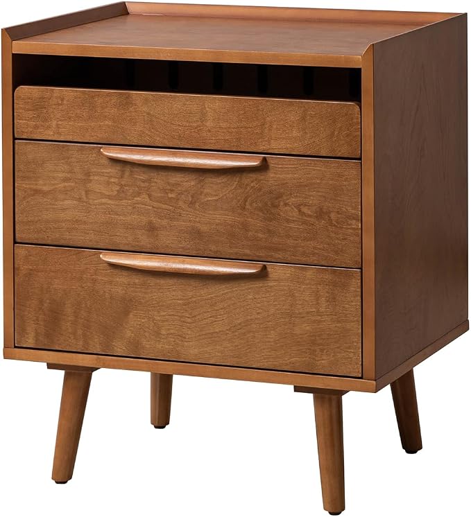 HULALA HOME 2-Drawer End Table with Charge Station, Acorn | Mid-Century Modern Style, Pull-Out Shelf, Wood Legs, Cable Management