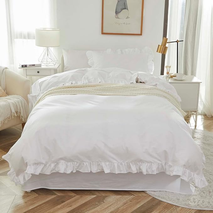 Brandream Kid's Duvet Cover Full/Queen Size 100% Organic Cotton 3pcs Boys Girl Bedding Duvet Cover Shams Set, Delicate Ruffle Fringe Solid Color Soft and Breathable (White)