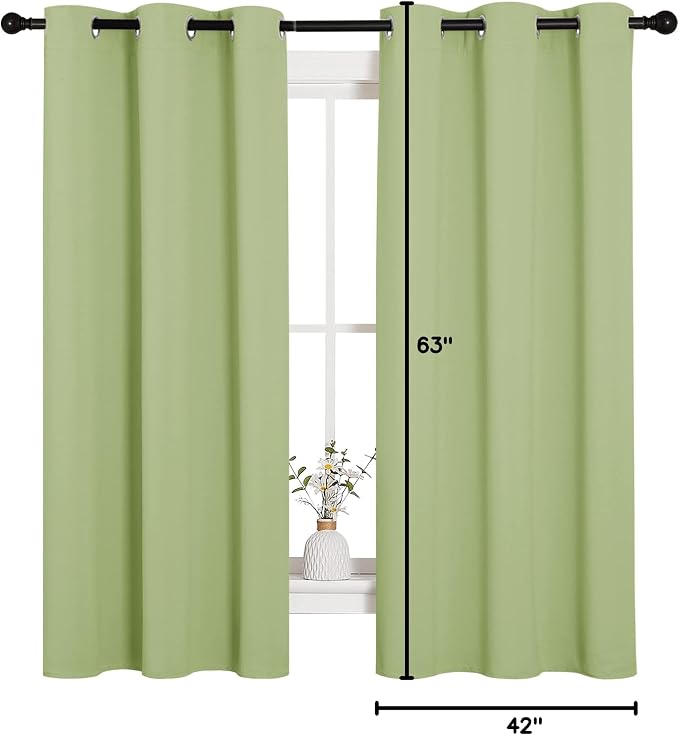 NICETOWN Nursery Curtains 63 inch Long, Thermal Insulated & Room Darkning Curtains with Grommet Top, Light Sage Green Draperies for Son's Room, Kitchen, 1 Pair, W42 x L63 in per Panel