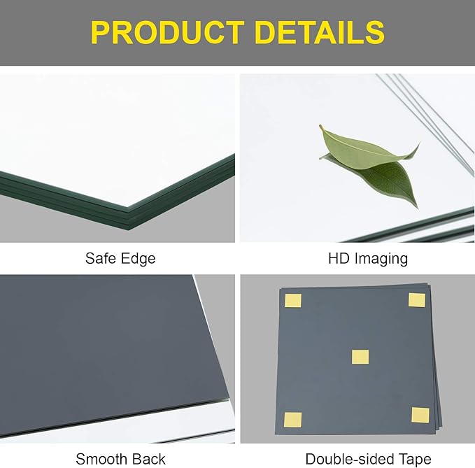 Glass Full Length Wall Mirror Tiles, 12" x 12" x 4PCS Home Gym Mirror | Frameless Wall Mounted Mirror for Garage, Bedroom, Living Room, Over The Door