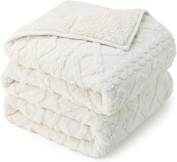 Drewin Weighted Blanket 15lbs for Adults Deep Sleep and Relax,Cream White | Soft Jacquard Sherpa Heavy Blankets 48" x 72" with Glass Beads,Cozy Fleece Throw Blankets for Bed and Couch,Machine Washable