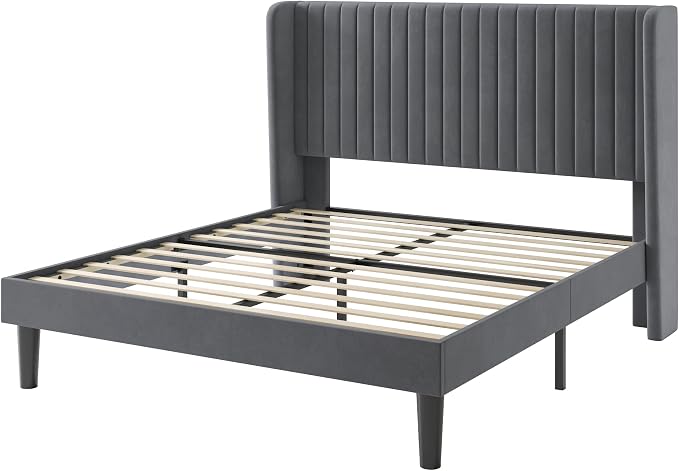SHA CERLIN Full Size Velvet Bed Frame, Tufted Wingback Headboard, Grey | 47'' Modern Vertical Channel Headboard, Upholstered Platform Bed, Wood Slats, No Box Spring Needed, Easy Assembly, Noise Free