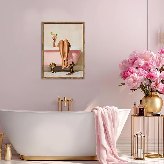 Funny Girl Bathroom Wall Art Pink Cute Girly Bathtub Wall Decor Picture, Trendy Girl Bathroom Martini Cocktail Poster Canvas Print Painting Minimalist Cute Woman Artwork 16x24 inch Wood Framed