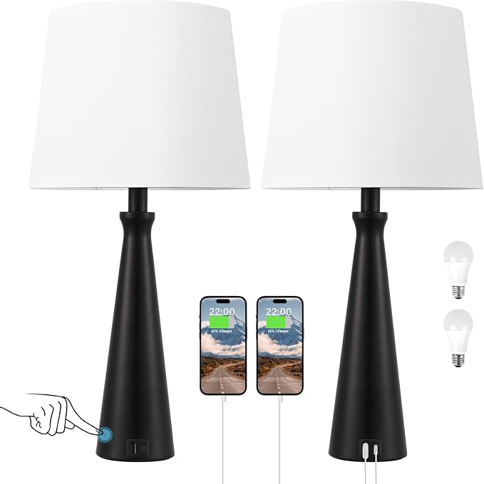 Modern Touch Lamps for Nightstand, 3 Way Dimmable Bedroom Lamp Set of 2 | USB C+A Charging Ports, Black Bedside Lamps for Bedroom, Living Room, End Table, Bed Side, LED Bulb Included