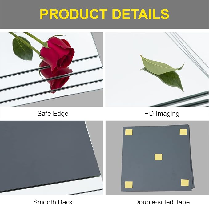Full Length Mirror Tiles, 12" x 10" x 8PCS Frameless Wall Mounted Mirror | Square Large Wall Mirror Tiles for Home Gym, Bedroom, Door, Bathroom, Frameless Mirror Sets